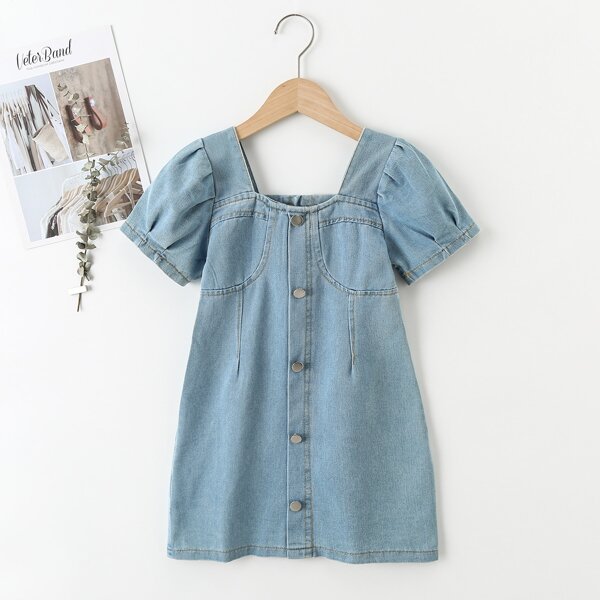 

Girls Puff Sleeve Fake Button Zipper Back Denim Dress, Light wash