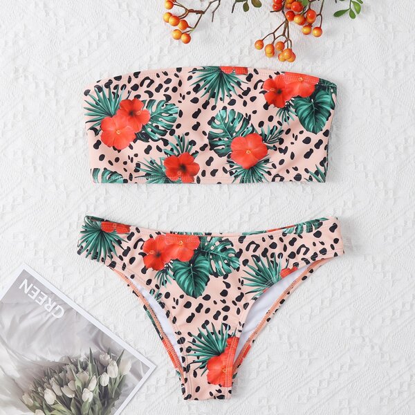 

Floral Random Print Bandeau Bikini Swimsuit, Multicolor