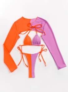 3packs Two Tone Triangle Thong Bikini Set, For Summer Beach Vacation