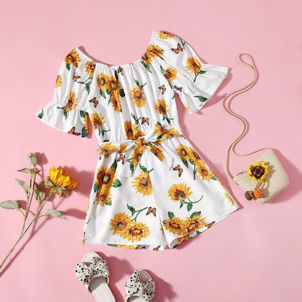 

Girls Sunflower & Butterfly Print Flounce Sleeve Belted Romper, White