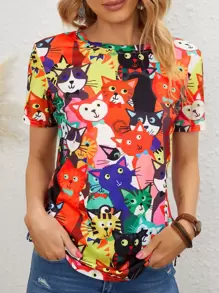 camiseta de manga corta con estampado de gato - Multicolor - Ver 1
