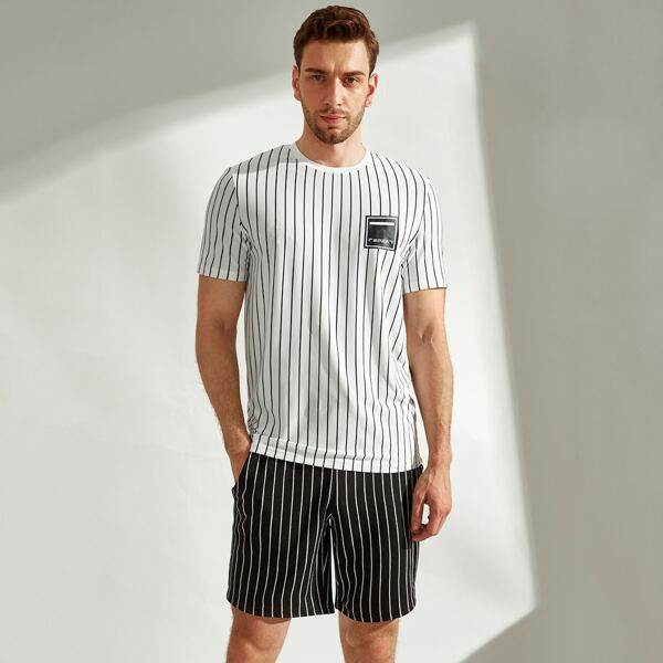 

Men Letter Graphic Striped Top & Shorts Set, Black and white