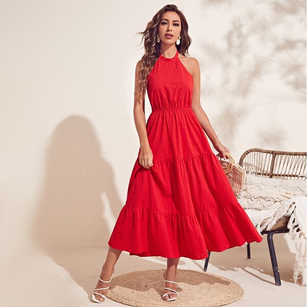 

Self Tie Backless Ruffle Hem Cami Dress, Red