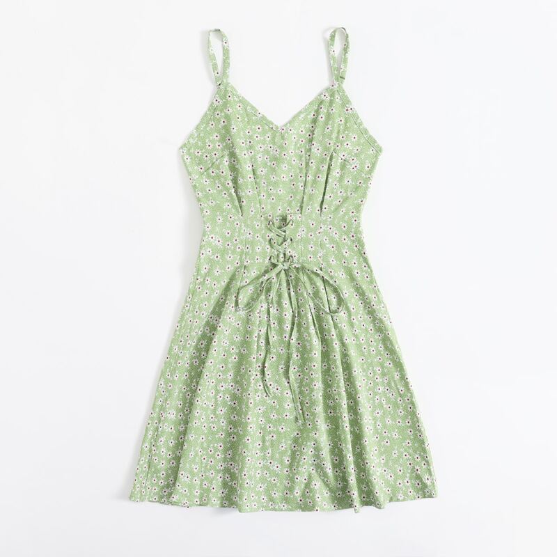 

Ditsy Floral Lace Up Cami Dress, Lime green