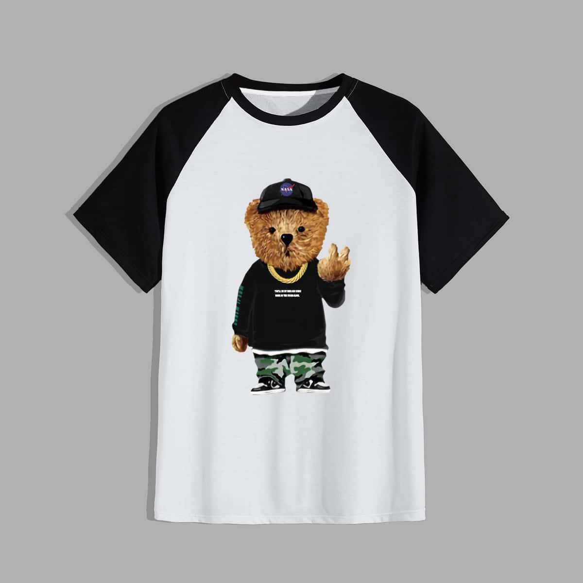 

Guys Cartoon Bear Graphic Colorblock Tee, Black and white