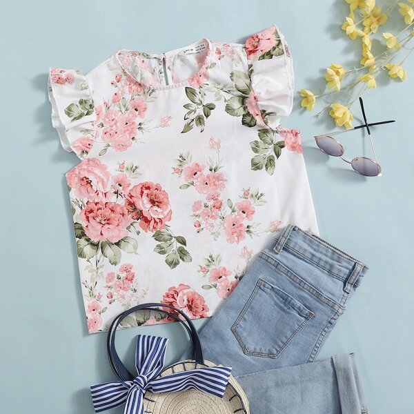 

Girls Floral Print Ruffle Armhole Top, Multicolor