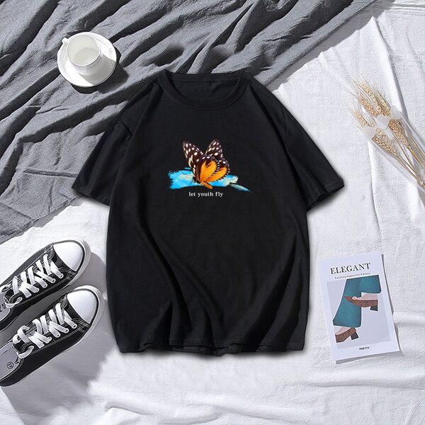 

Men Butterfly & Slogan Graphic Tee, Black
