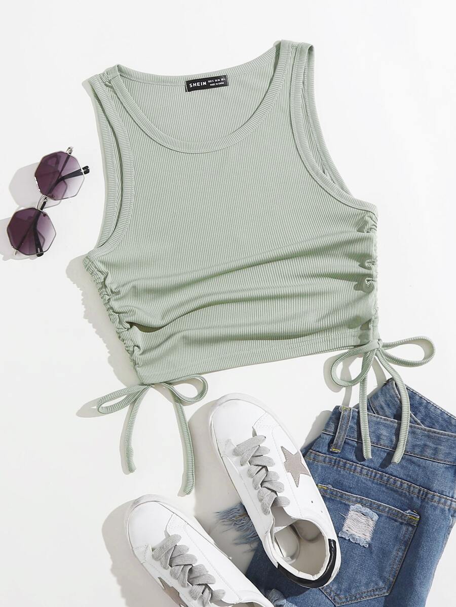 Solid Drawstring Side Tank Top - Mint Green - View 1