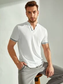 GENTILAND Men Notch Neck Embroidery Letter Ringer Tee - White - View 1