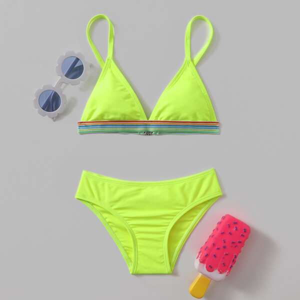 

Toddler Girls Neon Lime Striped Trim Bikini Swimsuit, Lime green