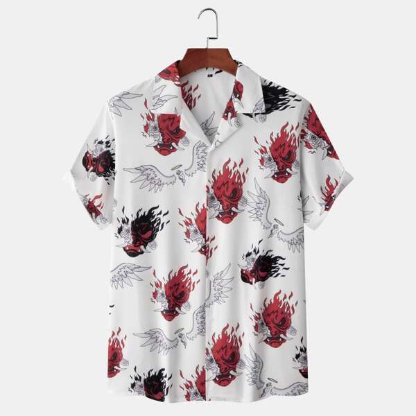 

Men Graphic Print Lapel Collar Shirt, White
