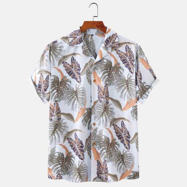 

Men Tropical Print Button Up Shirt, Multicolor