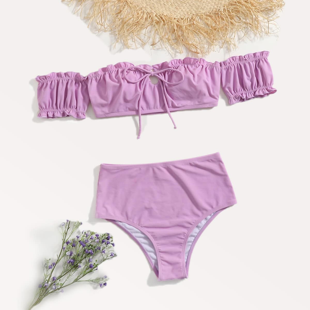 

Solid Frill Trim Bikini Swimsuit, Mauve purple