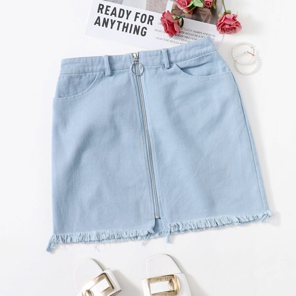 

Zip Up Raw Hem Bodycon Skirt, Baby blue