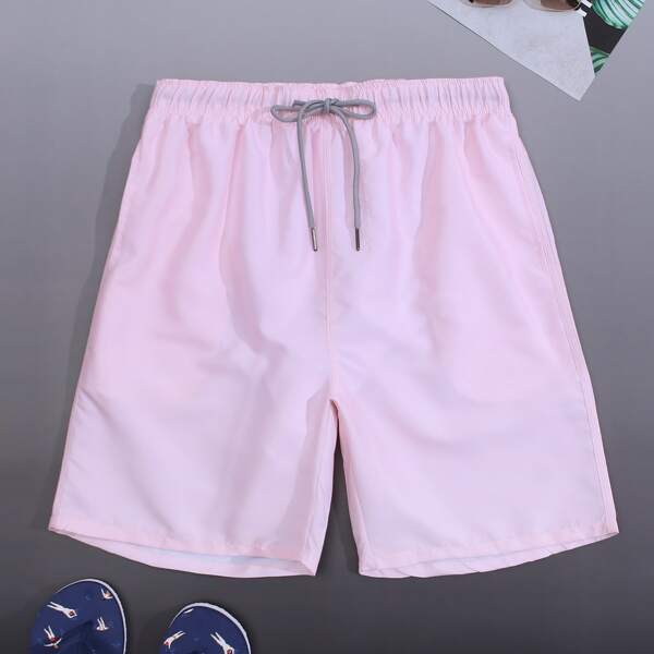 

Men Solid Drawstring Waist Swim Trunks, Baby pink