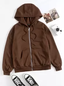 Zip Up Drop Shoulder Hooded Sweatshirt - Chocolate Brown - View 1
