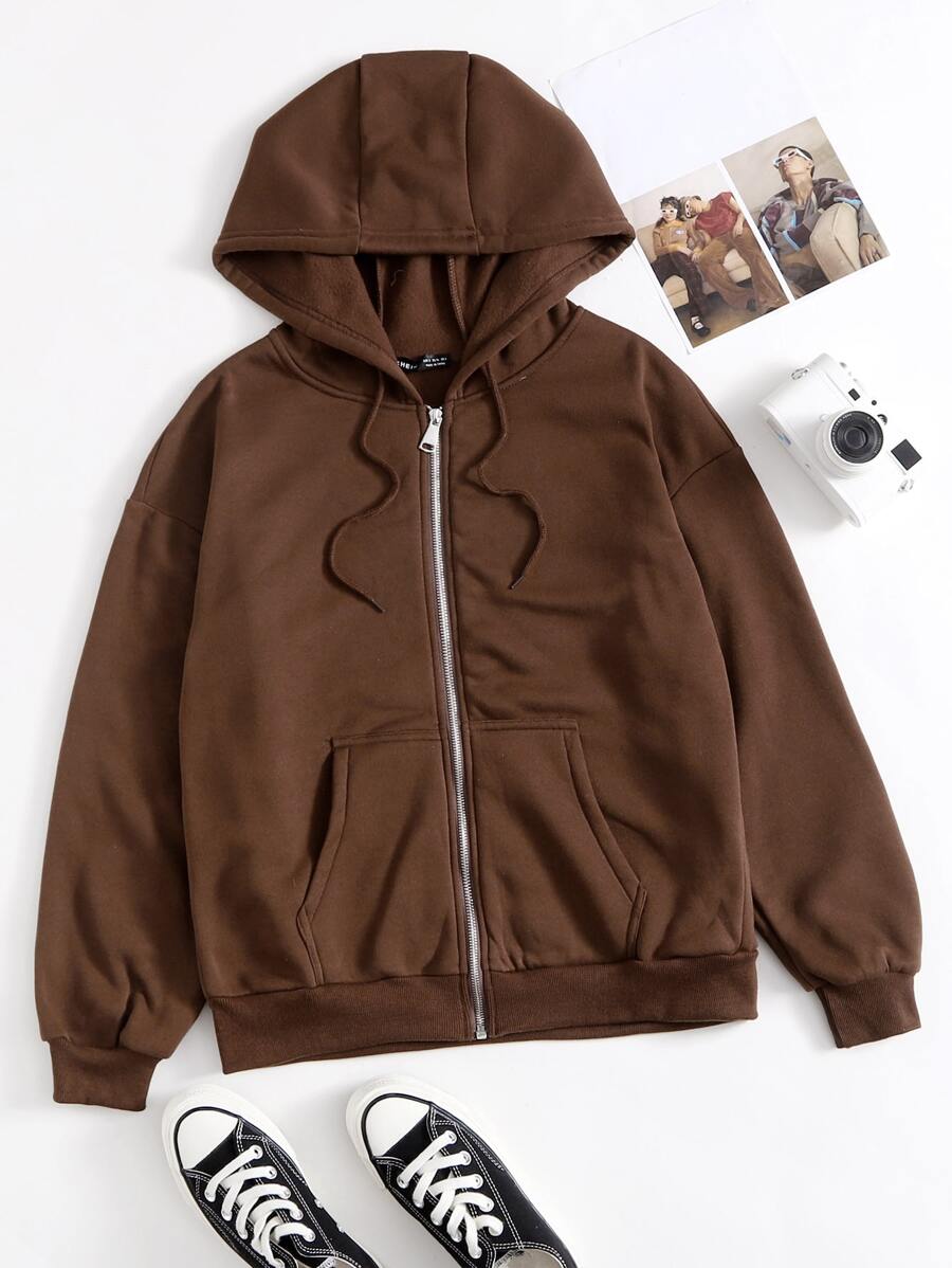 Zip Up Drop Shoulder Hooded Sweatshirt - Chocolate Brown - View 1