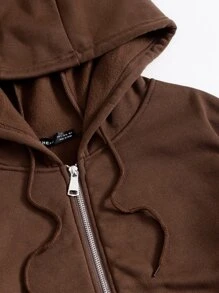 Zip Up Drop Shoulder Hooded Sweatshirt - Chocolate Brown - View 3