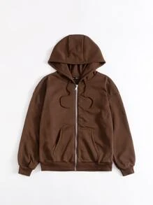 Zip Up Drop Shoulder Hooded Sweatshirt - Chocolate Brown - View 5