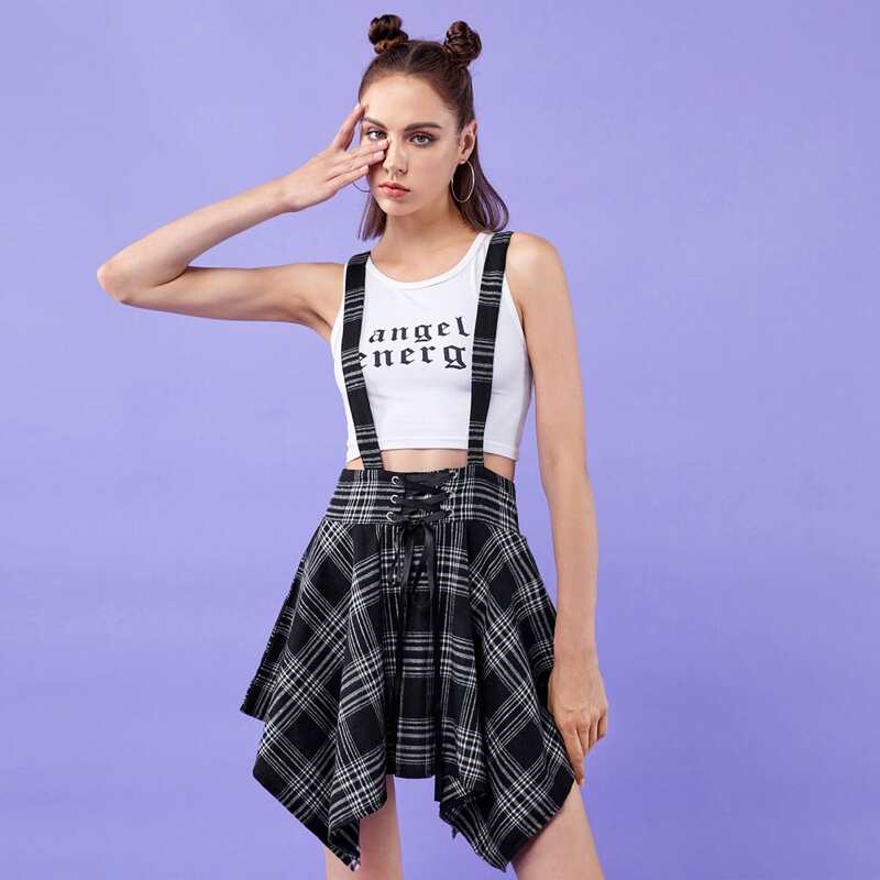 

Plaid Lace Up Straps Skirt, Black and white