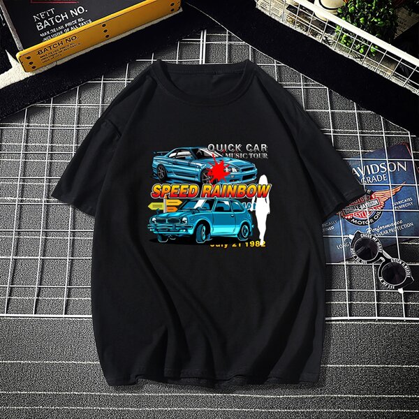 

Men Car & Letter Graphic Tee, Black