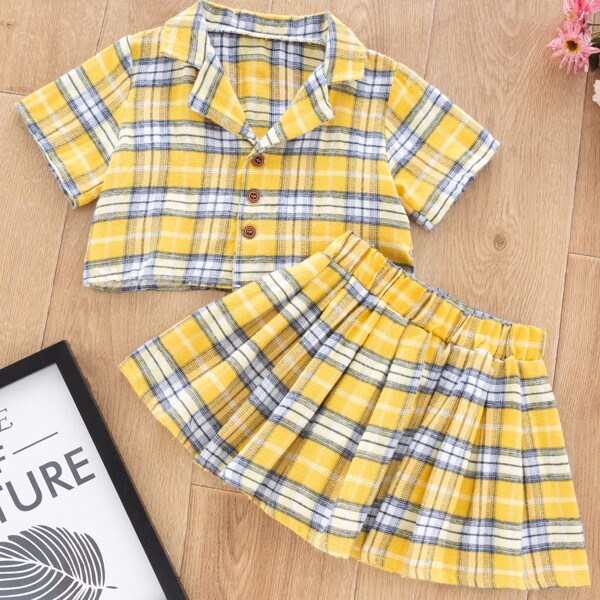 

Toddler Girls Plaid Lapel Collar Blouse With Pleated Skirt, Multicolor
