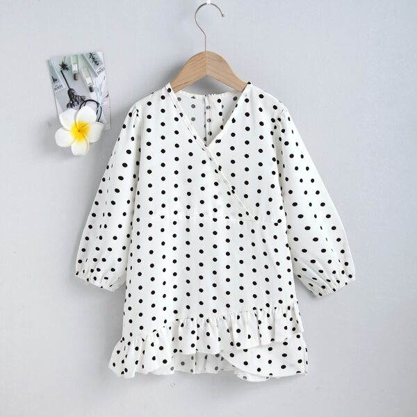 

Toddler Girls Polka Dot Ruffle Hem Dress, White