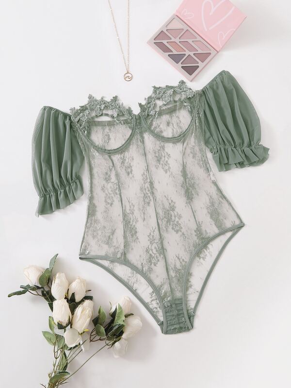 Is That The New Floral Lace Appliques Bardot Teddy Bodysuit ?? ROMWE USA