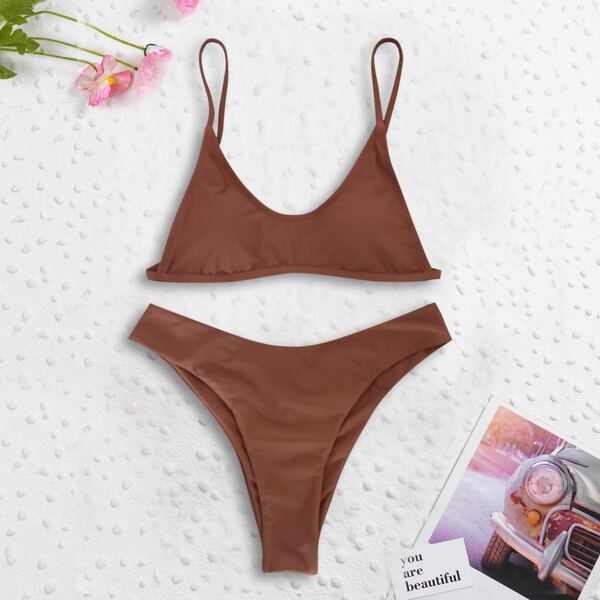 

Solid High Cut Bikini Swimsuit, Redwood