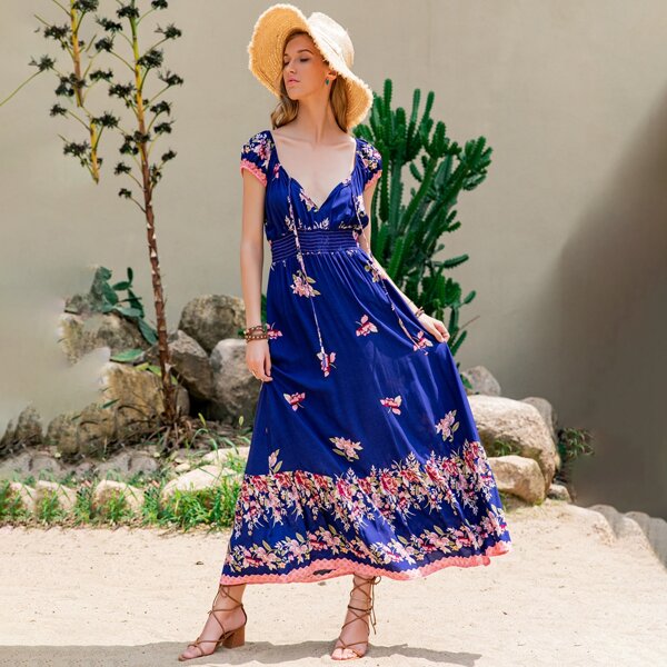 

Floral Print Shirred Waist Dress, Royal blue