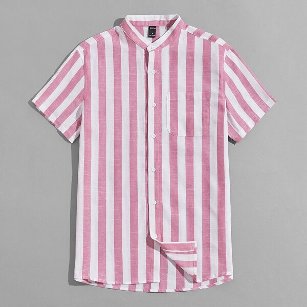 

Men Pocket Patched Striped Shirt, Red and white