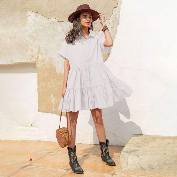 

Roll Up Sleeve Button Front Smock Dress, White