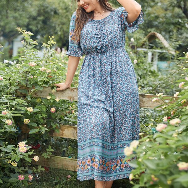 

Plus Ditsy Floral Print Ruffle Trim Night Dress, Blue