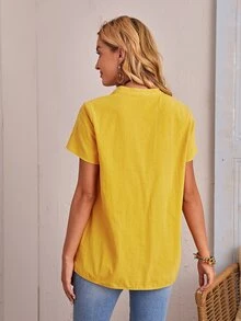 SHEIN Áo sơ mi Cao thấp màu trơn Giải trí - Màu vàng - Xem 2