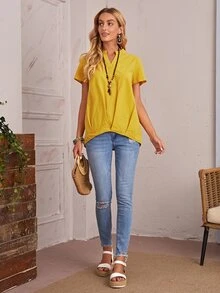 SHEIN Áo sơ mi Cao thấp màu trơn Giải trí - Màu vàng - Xem 3