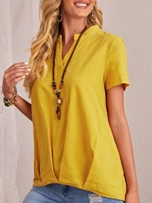 SHEIN Áo sơ mi Cao thấp màu trơn Giải trí - Màu vàng - Xem 4