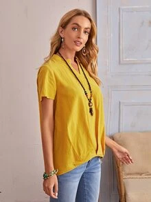 SHEIN Áo sơ mi Cao thấp màu trơn Giải trí - Màu vàng - Xem 5