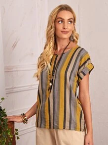 EMERY ROSE Cuffed Sleeve Striped Top