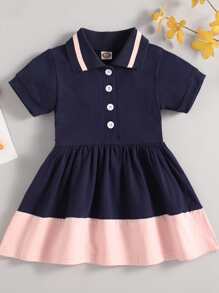 女婴半紐扣拼接荷葉邊下擺連衣裙 - 藏蓝色 - 查看 1