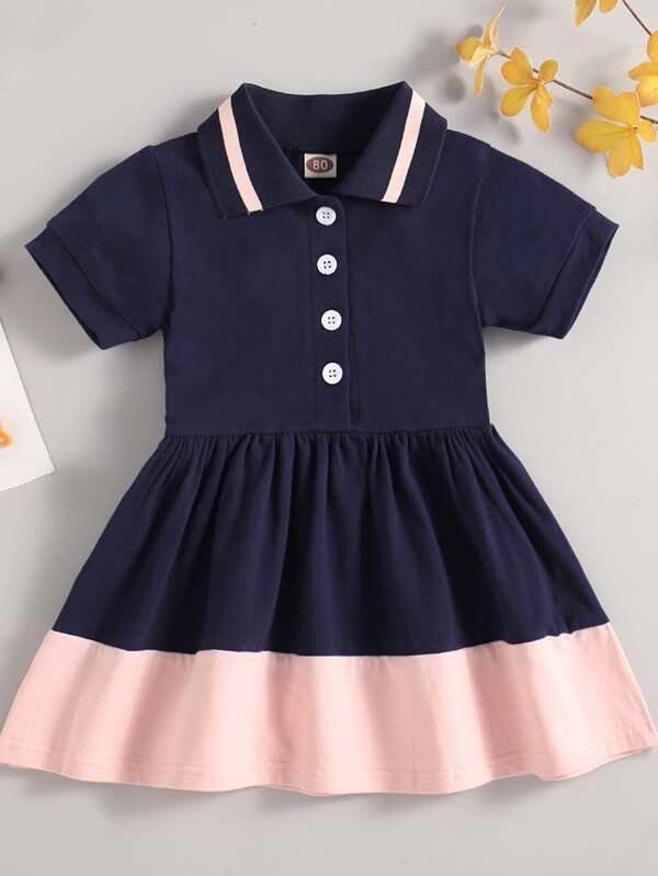 女婴半紐扣拼接荷葉邊下擺連衣裙