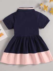 女婴半紐扣拼接荷葉邊下擺連衣裙 - 藏蓝色 - 查看 2