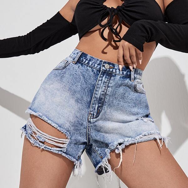 

Plus Ripped Raw Hem Denim Shorts, Medium wash