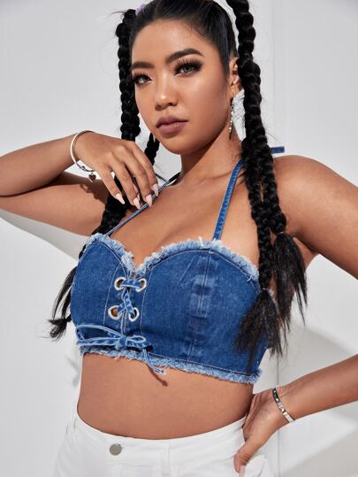 Top en jean dos-nu à nœud à lacets ourlet effiloché