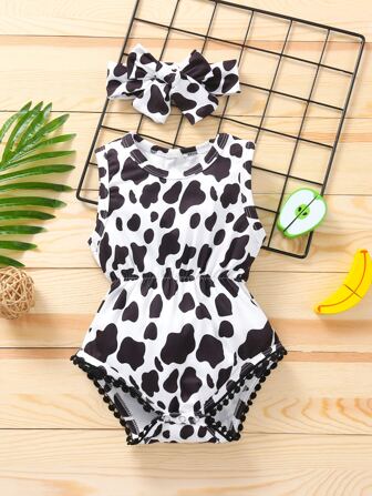 بدسويت تانك بإدخال دانتيل وبطباعة بقرة مع عصابة راس للبنات للاطفال