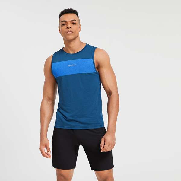 

Men Contrast Panel Letter Graphic Sports Tank Top, Blue