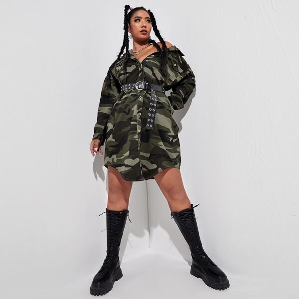 

Plus Camo Print Button Through Denim Jacket Without Belt, Multicolor