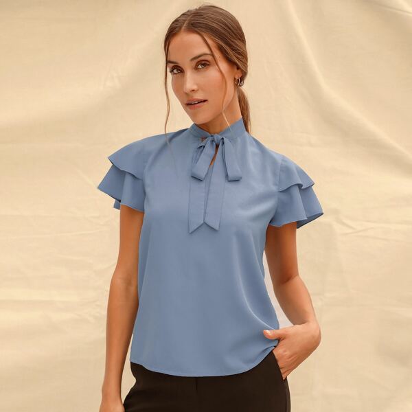 

Tie Neck Layered Ruffle Blouse, Dusty blue