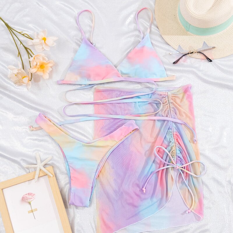 

3pack Tie Dye Bikini Swimsuit & Cover Up, Multicolor