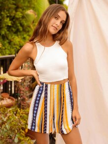 Striped Belted Wide Leg Shorts - Multicolor - View 1
