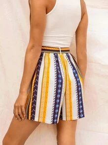 Striped Belted Wide Leg Shorts - Multicolor - View 2